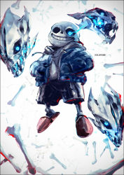  1boy artist_name blood blue_eyes blue_fire bone collared_jacket fire floating floating_object glowing glowing_eyes hand_in_pocket jacket k-suwabe looking_at_viewer male_focus open_clothes open_jacket sandals sans_(undertale) shirt shorts signature skull smile solo t-shirt teeth undertale zipper  rating:General score:6 user:danbooru