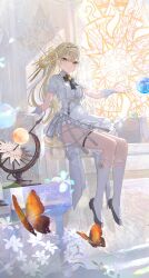  1girl black_ribbon blonde_hair bug butterfly coattails crinoline cropped_jacket dress flower frills fuumi_(radial_engine) hair_between_eyes hair_bun hair_ornament highres insect kneehighs long_hair looking_at_viewer neck_ribbon orange_butterfly original outstretched_arm puffy_short_sleeves puffy_sleeves ribbon short_sleeves sitting skirt socks solo stained_glass sundial thigh_strap very_long_hair white_dress white_flower white_skirt wrist_cuffs yellow_eyes 