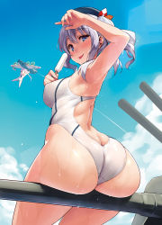 10s 2girls :p aircraft airplane akitsushima_(kancolle) arched_back arm_up armpits ass ass_support bad_id bad_pixiv_id bare_arms bare_shoulders beret black_hat blue_eyes blue_sky blush bow breasts butt_crack cannon chibi chibi_inset competition_swimsuit covered_erect_nipples cowboy_shot day eyebrows food from_behind full_body hat hat_bow holding holding_food huge_ass kantai_collection kashima_(kancolle) kekemotsu lens_flare light_rays looking_at_viewer looking_back machinery melting multiple_girls nishikitaitei-chan one-piece_swimsuit outdoors popsicle propeller short_twintails silver_hair sitting sky smile sunlight swimsuit tongue tongue_out turret twintails wavy_hair white_one-piece_swimsuit rating:Questionable score:176 user:danbooru