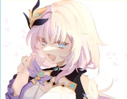  :d blue_eyes breasts cleavage elysia_(honkai_impact) elysia_(miss_pink_elf)_(honkai_impact) hair_between_eyes hair_ornament hand_in_own_hair highres honkai_(series) honkai_impact_3rd looking_at_viewer nyayou_amanatto open_mouth pink_hair pink_pupils puffy_sleeves shirt smile tongue twirling_hair white_background white_shirt 