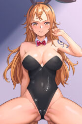 1girl animal_ears barefoot black_leotard bow bowtie breasts brown_eyes cherrycola curvy detached_collar fake_animal_ears gluteal_fold grey_background highleg highleg_leotard highres large_breasts leotard long_hair looking_at_viewer nami_(one_piece) one_piece orange_hair playboy_bunny rabbit_ears red_bow red_bowtie shoulder_tattoo simple_background solo squatting strapless strapless_leotard tattoo thick_thighs thighs wide_hips 