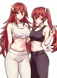  2girls ;) alternate_costume bare_shoulders black_pants black_sports_bra breasts closed_mouth commentary commission cordelia_(fire_emblem) english_commentary feather_hair_ornament feathers fire_emblem fire_emblem_awakening hair_between_eyes hair_ornament highres looking_at_viewer mother_and_daughter multiple_girls navel nintendo one_eye_closed pants red_eyes red_hair rotomdocs severa_(fire_emblem) smile sports_bra sportswear twintails twitter_username v white_background white_pants white_sports_bra 