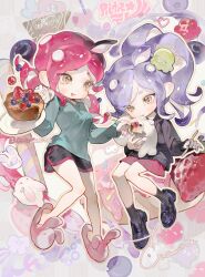  2girls :o ahoge animal_slippers ankle_socks black_footwear black_shorts black_socks blue_cardigan blue_shirt blueberry bunny_slippers cake cake_slice cardigan chinese_commentary collared_shirt commentary_request commission curly_hair dolphin_shorts doughnut fang feeding food fork fruit full_body high_ponytail highres holding holding_fork holding_plate holding_stuffed_toy loafers long_hair long_sleeves multiple_girls nintendo octoling octoling_girl octoling_player_character open_mouth outline pink_footwear pink_hair pink_skirt pink_trim plate pleated_skirt purple_hair rabbit school_uniform shirt shoes shorts skirt slippers socks splatoon_(series) strawberry stuffed_animal stuffed_seal stuffed_toy suction_cups suzumi_(ccroquette) tentacle_hair third-party_source watermark white_shirt yellow_eyes yellow_outline 
