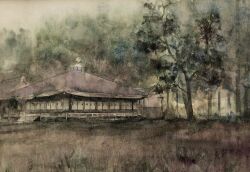  architecture brown_background building east_asian_architecture forest grass highres house mouen_tw nature no_humans original painting_(medium) plant scenery stairs traditional_media tree watercolor_(medium) 