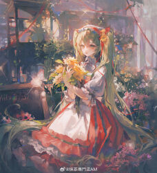 1girl absurdres apron black_bow bouquet bow collared_shirt commentary cowboy_shot daisy eyelashes florist flower frilled_hairband frilled_skirt frilled_sleeves frills green_eyes green_hair hair_between_eyes hair_bow hair_flower hair_ornament hair_ribbon hairband hatsune_miku high_collar highres holding holding_bouquet indoors light_blush long_hair long_sleeves maccha_(mochancc) medium_skirt menu_board neck_ribbon open_mouth pink_flower puffy_long_sleeves puffy_sleeves red_bow red_hairband red_ribbon red_skirt red_vest ribbon ribbon-trimmed_apron ribbon_trim shelf shirt shop skirt sleeve_bow sleeves_past_elbows smile solo sparkle striped_clothes striped_skirt symbol-only_commentary twintails vertical-striped_clothes vertical-striped_skirt very_long_hair vest vocaloid waist_apron watermark weibo_logo weibo_watermark white_apron white_flower white_shirt white_sleeves yellow_flower