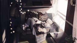  1boy bag black_gloves carpet closed_eyes coat cup curtains full_body gloves hair_between_eyes hat highres illumi999 indoors lamp light lying male_focus mug on_back on_bench original pillow plant short_hair sleeping solo table white_hat wind window_shadow 