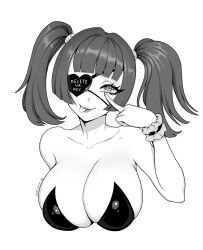  1girl artist_name brassica breasts cleavage closed_mouth collarbone eyelashes eyepatch greyscale heart heart_eyepatch highres large_breasts lips middle_finger monochrome original solo strapless tongue tongue_out twintails upper_body 