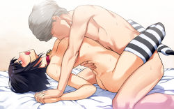 1boy 1girl another_story arched_back ass black_hair blue_eyes blush breast_sucking breasts choker cleavage couple grey_hair hetero highres holding_hands interlocked_fingers leg_lock long_legs lying marie_(persona_4) missionary moaning narukami_yuu nude on_back open_mouth persona persona_4 persona_4_the_golden saliva sex short_hair sitting small_breasts striped_clothes striped_thighhighs sweat thighhighs thighs vaginal wariza rating:Explicit score:535 user:danbooru