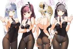  4girls animal_ears ass bare_shoulders black_hair black_legwear blonde_hair blue_eyes blunt_bangs blush bow bowtie breasts cleavage closed_mouth commentary covered_navel dduck_kong detached_collar english_commentary facial_mark fake_animal_ears girls&#039;_frontline green_eyes hair_between_eyes hair_ornament hair_ribbon hairband half_updo hand_on_own_hip hand_up highleg highleg_leotard highres hk416_(girls&#039;_frontline) large_breasts leotard long_hair looking_at_viewer looking_back medium_breasts multiple_girls one_side_up pantyhose parted_lips playboy_bunny purple_hair purple_leotard rabbit_ears rabbit_tail red_eyes ribbon sidelocks silver_hair simple_background smile suomi_(girls&#039;_frontline) tail teardrop type_95_(girls&#039;_frontline) very_long_hair wa2000_(girls&#039;_frontline) white_background white_hairband wrist_cuffs  rating:Sensitive score:47 user:danbooru