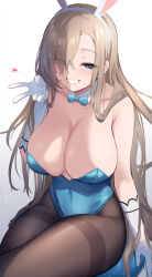  1girl absurdres animal_ears asuna_(blue_archive) asuna_(bunny)_(blue_archive) asymmetrical_bangs bare_shoulders blue_archive blue_eyes blue_leotard blue_ribbon blush breasts brown_pantyhose cleavage commentary detached_collar elbow_gloves fake_animal_ears gloves grin hair_over_one_eye hair_ribbon highleg highleg_leotard highres large_breasts leotard light_brown_hair long_bangs long_hair looking_at_viewer mole mole_on_breast nakatama_kyou official_alternate_costume one_eye_covered pantyhose playboy_bunny rabbit_ears ribbon sitting smile solo strapless strapless_leotard thighband_pantyhose thighs very_long_hair white_gloves 