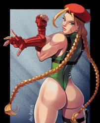  1girl ass back_turned beret blonde_hair blue_eyes braid cammy_white capcom curvy facial_scar fingerless_gloves gloves green_leotard hat highleg highleg_leotard highres holster huge_ass leotard lips looking_at_viewer looking_back mau_mora red_gloves scar scar_on_cheek scar_on_face signature street_fighter street_fighter_v thigh_holster thighs thong_leotard twin_braids wide_hips 