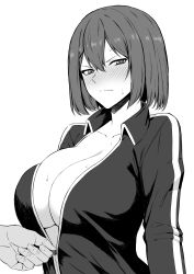 1girl absurdres alternate_breast_size blush breasts cleavage closed_mouth collarbone greyscale hair_between_eyes hair_ornament highres huge_breasts jacket kantai_collection large_breasts long_sleeves looking_at_viewer maya_(kancolle) monochrome open_clothes open_jacket short_hair simple_background solo_focus sweat sweatdrop takaman_(gaffe) track_jacket upper_body white_background x_hair_ornament zipper zipper_pull_tab rating:Sensitive score:39 user:danbooru