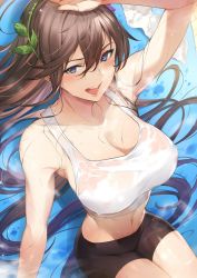 1girl :d arm_up armpits bike_shorts blue_eyes breasts breath brown_hair cleavage commentary_request crop_top dutch_angle foreshortening granblue_fantasy hair_between_eyes hairband highres kakage large_breasts long_hair looking_at_viewer lying midriff navel on_back open_mouth rosetta_(granblue_fantasy) shirt smile solo sweat tank_top taut_clothes taut_shirt very_long_hair wet wet_clothes wet_shirt rating:Sensitive score:95 user:danbooru