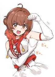 1girl ahoge armpit_onigiri bare_shoulders breasts brown_eyes brown_hair clenched_hand commentary_request dress earrings elbow_gloves food gakuen_idolmaster gloves gradient_hair hair_bun hanami_ume hand_up highres hoop_earrings idolmaster jewelry kusugi_tai medium_breasts medium_hair motion_lines multicolored_hair onigiri open_mouth simple_background single_side_bun sleeveless sleeveless_dress solo sound_effects tareme teeth upper_body upper_teeth_only v-shaped_eyebrows white_background white_gloves 