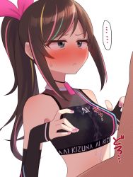 1boy 1girl :&lt; after_paizuri annoyed aqua_eyes bare_shoulders black_choker black_shirt blouse blush bow breasts brown_hair character_name choker closed_mouth covered_erect_nipples crop_top cum cum_in_clothes cum_on_body cum_on_breasts cum_on_upper_body detached_sleeves disgust full-face_blush hairband hands_up highres impossible_clothes impossible_shirt jitome kizuna_ai kizuna_ai_(musician) kizuna_ai_inc. logo long_hair looking_at_another medium_breasts midriff multicolored_hair nail_polish narrowed_eyes no_nose off-shoulder_shirt off_shoulder official_alternate_costume organ_rn pink_bow pink_hairband pink_nails ponytail shirt sidelocks simple_background solo_focus sports_bra streaked_hair sweatdrop swept_bangs upper_body virtual_youtuber white_background rating:Explicit score:398 user:danbooru