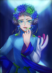  1other absurdres androgynous blue_eyes dress facepaint facial_mark feathers forehead_mark gnosia green_hair hanas2chiharu headphones highres long_hair long_sleeves looking_at_viewer makeup nail_polish other_focus raqio short_hair solo tattoo upper_body 