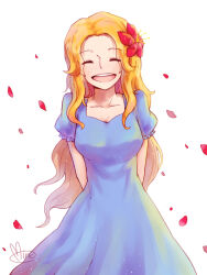  1girl ^_^ arms_behind_back blonde_hair blue_dress closed_eyes commentary dress falling_petals flower freckles hair_flower hair_ornament hibiscus long_dress long_hair mino_(mino_cat) one_piece open_mouth petals portgas_d._rouge puffy_short_sleeves puffy_sleeves red_petals short_sleeves signature solo teeth upper_teeth_only 