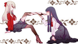 2girls ankle_boots bdsm blonde_hair blunt_bangs blush boots bound bow braid closed_eyes feet femdom foot_worship hair_bow hair_ribbon hands_on_feet highres holding_another&#039;s_foot licking licking_foot long_hair long_skirt multiple_girls original pantyhose purple_hair ribbon school_uniform serafuku shiraume_nazuna shoes simple_background single_shoe sitting skirt sweater tears toes torn_clothes torn_legwear very_long_hair white_background yellow_eyes yuri rating:Questionable score:63 user:danbooru