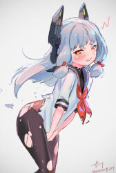  1girl blue_sailor_collar blunt_bangs blush covering_privates dated dress grey_background grey_hair hair_ribbon harusame_tsubaki headgear highres kantai_collection long_hair looking_at_viewer murakumo_(kancolle) neckerchief one-hour_drawing_challenge orange_eyes pantyhose red_neckerchief red_ribbon ribbon sailor_collar sailor_dress signature simple_background solo torn_clothes torn_pantyhose 