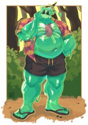 1boy ^_^ alternate_body_size bara bare_pectorals big_belly blush_stickers closed_eyes colored_skin doug_(monster_prom) fat fat_man full_body green_skin hawaiian_shirt heart heart_(organ) highres impaled large_pectorals looking_at_viewer male_focus monster_boy monster_prom muscular muscular_male navel object_through_head open_clothes open_shirt pectorals ribs see-through shirt short_hair short_shorts shorts shy slime_boy solo standing stomach sword_in_head thighs wet_ghost