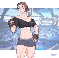  1girl abs beanie blonde_hair breasts cleavage earrings fingerless_gloves gloves grey_eyes hand_on_own_hip hat highres jewelry large_breasts muscular muscular_female original pointing pointing_up shardanic short_hair shorts street_fighter street_fighter_6 thick_thighs thighs  rating:Sensitive score:24 user:danbooru
