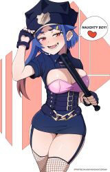  1girl animanghayodraw blue_hair blush bra breasts earrings english_text fishnets highres jewelry open_mouth original police police_uniform red_eyes solo underwear uniform  rating:Sensitive score:3 user:UltraPerv88