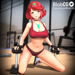  1girl 3d :d alternate_costume artist_name blobcg blush breasts buruma chest_jewel choker commentary dumbbell english_commentary fingerless_gloves full_body gem gloves gym headpiece highres kneeling large_breasts looking_at_viewer navel open_mouth patreon_username pyra_(xenoblade) red_buruma red_choker red_eyes red_hair red_sports_bra shoes short_hair smile sneakers solo sports_bikini sports_bra swept_bangs tiara xenoblade_chronicles_(series) xenoblade_chronicles_2  rating:Sensitive score:95 user:danbooru