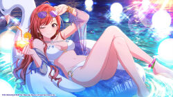  1girl ;) ahoge anklet arisugawa_natsuha arm_up ass barefoot bikini black_eyes bracelet breasts commentary_request criss-cross_halter crossed_legs drink earrings eyewear_on_head glint halterneck highres idolmaster idolmaster_shiny_colors inflatable_raft jewelry legs long_hair looking_at_viewer medium_breasts navel o-ring o-ring_bottom o-ring_top official_art one_eye_closed outdoors reclining red_hair smile soaking_feet solo sparkle sunglasses swimsuit tomari_(veryberry00) water white_bikini 