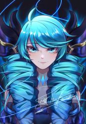 1girl black_bow black_dress black_sleeves bow breasts cleavage detached_sleeves dress drill_hair green_hair gui_ling_nai_ya gwen_(league_of_legends) hair_bow highres league_of_legends long_hair puffy_short_sleeves puffy_sleeves short_sleeves signature smile solo translation_request twin_drills twintails rating:General score:12 user:danbooru