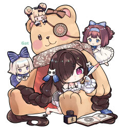  1girl absurdly_long_hair bandaged_hand bandages barefoot blue_bow blue_eyes blush book bow braid brown_hair cat_hair_ornament chibi commentary_request doll dress eyepatch eyes_visible_through_hair frilled_dress frills full_body gat-chan hair_between_eyes hair_bow hair_ornament hair_over_one_eye hairclip holding holding_quill inkwell long_bangs long_hair looking_at_viewer mahjong_soul morikawa_ayako off-shoulder_dress off_shoulder open_book open_mouth pentagram pink_eyes purple_eyes quill simple_background solo stuffed_animal stuffed_toy teddy_bear twin_braids very_long_hair white_background white_dress 