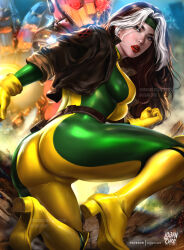  1girl absurdres bodysuit dyed_bangs gloves green_bodysuit green_headband headband highres jacket leather leather_jacket lipstick logan_cure makeup marvel multicolored_bodysuit multicolored_clothes multicolored_hair robot rogue_(x-men) sentinel_(x-men) superhero_costume two-tone_hair x-men x-men:_the_animated_series yellow_bodysuit yellow_gloves  rating:General score:7 user:Marcerner