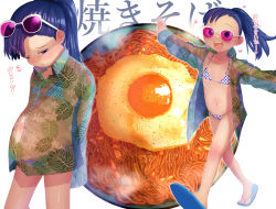 1girl :d absurdres belly bikini blue_hair bowl collared_shirt egg_(food) female_focus flat_chest flip-flops food highres huge_filesize loli looking_at_viewer navel noodles open_clothes open_mouth open_shirt original outstretched_arms pink-tinted_eyewear plump ponytail purple-tinted_eyewear sandals see-through shirt simple_background smile solo spread_arms steam sunglasses_on_head swimsuit tearontaron tinted_eyewear weight_conscious weight_gain white-framed_eyewear white_background  rating:Sensitive score:88 user:ponekad