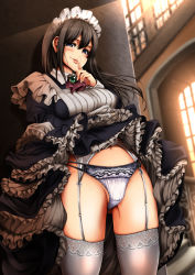 1girl arekishi_raiho black_hair blush breasts clothes_lift commentary crotch_seam dress dress_lift finger_to_mouth garter_belt highres lifting_own_clothes long_hair looking_at_viewer maid maid_headdress md5_mismatch medium_breasts navel original panties panties_over_garter_belt purple_eyes shushing smile solo thighhighs underwear white_panties white_thighhighs rating:Questionable score:42 user:danbooru