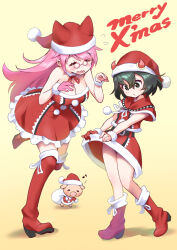 2girls black_eyes black_hair bob_cut boots breasts capelet christmas closed_eyes clothes_lift commentary dress dress_lift english_text flying_sweatdrops frilled_dress frills fur_cuffs glasses gloves hat hentatsu highres horns large_breasts leg_up lifting_own_clothes long_hair merry_christmas multiple_girls neko_(hentatsu) oni_(hentatsu) oni_horns open_mouth pig pince-nez pink_gloves red_capelet red_footwear red_gloves sakurai_shizuku_(mimipull) santa_boots santa_dress santa_hat short_dress short_hair single_glove smile standing standing_on_one_leg strapless strapless_dress wavy_hair yellow_background