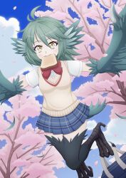  1girl absurdres ahoge animal_ears bag bird_ears bird_legs bird_tail black_bear_(user_pmvh8825) blue_skirt bow bread bread_slice cherry_blossoms cloud falling_petals fangs feathered_wings feathers flying food food_in_mouth green_feathers green_hair green_tail green_wings hair_between_eyes harpy highres holding_with_feet long_hair monster_girl mouth_hold original petals pink_petals plaid plaid_skirt red_bow school_bag shirt skirt sky solo sweater_vest tail talons thighhighs toast toast_in_mouth tree white_shirt winged_arms wings zettai_ryouiki 