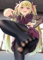  1girl blonde_hair blush feet female_focus foot_focus from_below gurande_(g-size) hair_ribbon hand_on_own_hip highres leg_up long_hair looking_at_viewer open_mouth pantyhose pink_eyes pointing pov ribbon smile soles solo toes twintails  rating:Sensitive score:34 user:ssfl