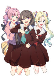  3girls :d anyoji_hime aqua_neckerchief black_ribbon blonde_hair blue_eyes blue_hair blunt_bangs brown_dress brown_hair commentary cropped_legs dress fang feet_out_of_frame flower fujishima_megumi gradient_hair hair_flower hair_ornament hair_ribbon hand_on_another&#039;s_arm hasu_no_sora_school_uniform highres jacket light_blue_hair link!_like!_love_live! long_hair long_sleeves looking_at_viewer love_live! lunatic_rabbit medium_dress mira-cra_park! multi-tied_hair multicolored_hair multiple_girls neckerchief open_clothes open_jacket open_mouth osawa_rurino parted_bangs pink_flower pink_hair pink_jacket pleated_dress ponytail purple_eyes red_neckerchief ribbon sailor_collar sailor_dress school_uniform sidelocks simple_background smile standing swept_bangs teeth twintails two_side_up upper_teeth_only very_long_hair virtual_youtuber white_background white_flower white_sailor_collar winter_uniform 