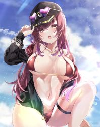  1girl absurdres bad_id bad_pixiv_id bikini black_hat breasts hat highres hololive houshou_marine houshou_marine_(summer) jewelry large_breasts long_hair necklace red_bikini red_hair solo swimsuit thigh_strap virtual_youtuber yellow_eyes  rating:Questionable score:11 user:jojosstand