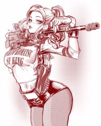  1girl breasts blowing_bubbles dc_comics fingerless_gloves fishnets forehead gloves gun hair_behind_ear harley_quinn highres holding holding_gun holding_weapon holstered leaning_forward leather_shorts maeda_hiroyuki medium_breasts monochrome navel pantyhose rifle short_shorts shorts sniper_rifle solo suicide_squad tattoo twintails weapon  rating:Sensitive score:51 user:danbooru