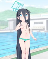 1girl aris_(blue_archive) arm_at_side bikini bikini_bottom_only black_hair black_ribbon blue_archive blue_bikini blue_eyes feet_out_of_frame female_focus flat_chest hair_between_eyes hair_ribbon halo hand_up highres kionant loli long_hair looking_at_viewer navel nipples outdoors parted_lips pool ribbon signature solo standing swimsuit topless very_long_hair rating:Questionable score:122 user:danbooru