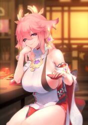  1girl absurdres animal_ears bare_shoulders blurry blurry_background blush breasts cherry_blossom_print cup detached_sleeves earrings elbow_rest floppy_ears floral_print food fox_ears genshin_impact hair_between_eyes hair_ornament hand_on_own_cheek hand_on_own_face head_rest highres holding holding_cup japanese_clothes jewelry large_breasts long_hair looking_at_viewer mrjsj990615 necklace nontraditional_miko pink_hair purple_eyes sakazuki sideboob sitting smile solo thighs turtleneck wide_sleeves yae_miko 