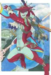  2boys :d abs blue_bodysuit bodysuit colored_skin day fingerless_gloves fins fish_boy gloves highres holding holding_weapon ivy_(sena0119) jewelry link male_focus monster_boy multiple_boys nintendo open_mouth outdoors pointy_ears red_skin sharp_teeth sidon smile teeth the_legend_of_zelda the_legend_of_zelda:_tears_of_the_kingdom water weapon zora 