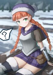  1girl :/ ? arm_guards armor black_thighhighs blurry blurry_background bobblehat braid breastplate capelet closed_mouth fur-trimmed_headwear fur-trimmed_legwear fur-trimmed_thighhighs fur_trim green_eyes hat highres long_hair miniskirt mountainous_horizon offencearmor-0131 orange_hair outdoors plaid plaid_capelet plaid_skirt pouch purple_capelet purple_hat purple_skirt short_sleeves sitting skirt snow solo speech_bubble spoken_question_mark thighhighs thighs twin_braids unicorn_overlord yunifi_(unicorn_overlord) zettai_ryouiki  rating:General score:6 user:danbooru