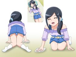  1girl artist_request ass bent_over black_hair cleaning closed_eyes female_focus flat_chest healin&#039;_good_precure loli looking_at_viewer lying miniskirt on_back pov precure sawaizumi_chiyu skirt smile tagme upskirt  rating:Questionable score:14 user:Muffio
