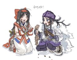  2girls ainu_clothes asirpa black_hair blood blood_on_face blue_eyes boots breasts clenched_hands closed_eyes crossover feet fingerless_gloves gloves golden_kamuy hair_ribbon happy highres japanese_text kneeling legs long_hair multiple_girls nakoruru open_mouth pantyhose ribbon samurai_spirits small_breasts smile snk squatting squirrel the_king_of_fighters the_king_of_fighters_xv thighs translation_request weapon 