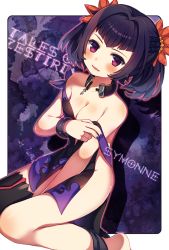 10s 1girl alternate_breast_size barefoot black_neckwear blush braid breasts character_name cleavage collar collarbone copyright_name dress flower hair_flower hair_ornament key kneeling looking_at_viewer medium_breasts moe_on_drop mugiame_(anpu) nail_polish no_panties open_mouth purple_eyes purple_hair short_dress short_hair single_thighhigh smile solo symonne_(tales) tales_of_(series) tales_of_zestiria thighhighs undressing rating:Questionable score:20 user:danbooru