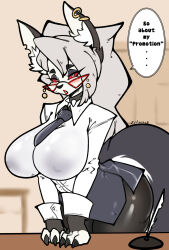  1girl absurdres animal_ears bespectacled blush breasts choker claws earrings furry furry_female glasses helluva_boss highres jewelry large_breasts looking_at_viewer loona_(helluva_boss) office_lady red_eyes tail vinniez white_hair wolf_ears wolf_girl wolf_tail 
