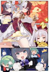  4girls @_@ ^^^ absurdres admiral_nakhimov_(azur_lane) azur_lane blue_eyes blush bow bowtie breasts chao_ho_(azur_lane) cheshire_(azur_lane) cheshire_(the_cat_in_the_magic_hat)_(azur_lane) cleavage cone_hair_bun crossed_bangs detached_sleeves double_bun fang green_hair hair_bun hair_ribbon hand_fan highres hongbao laffey_(azur_lane) large_breasts looking_at_viewer manjuu_(azur_lane) multicolored_hair multiple_girls official_alternate_costume official_art purple_bow purple_bowtie purple_hair red_hair ribbon skin_fang sleeping split-color_hair streaked_hair white_hair wide_sleeves yellow_eyes ying_swei_(azur_lane) 