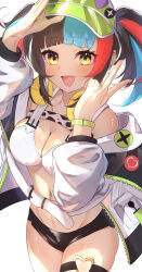  1girl absurdres badge bare_shoulders bikini black_hair black_shorts blue_hair blush breasts button_badge cleavage fate/grand_order fate_(series) green_hat hat headphones headphones_around_neck highres jacket large_breasts long_hair long_sleeves looking_at_viewer multicolored_hair navel off_shoulder open_clothes open_jacket open_mouth red_hair sei_shounagon_(fate) sei_shounagon_(swimsuit_berserker)_(fate) short_shorts shorts sidelocks smile solo swimsuit thigh_strap thighs twintails umi_endu visor_cap white_bikini white_jacket yellow_eyes 