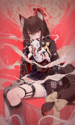  1girl absurdres animal_ear_fluff animal_ears black_hair black_kimono black_nails blue_archive blush closed_mouth feet_out_of_frame fingernails fox_ears fox_mask fox_tail halo heart heart-shaped_pupils highres japanese_clothes kimono long_hair long_sleeves mask nail_polish obi red_halo rounan58287 sash smile solo symbol-shaped_pupils tail wakamo_(blue_archive) wide_sleeves yandere yellow_eyes  rating:General score:20 user:danbooru